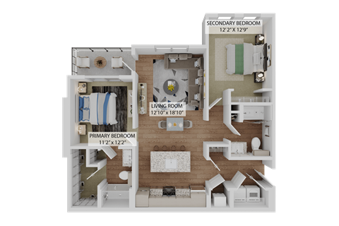 Floor plan for 2 beds, 2 baths, 1079 sqft